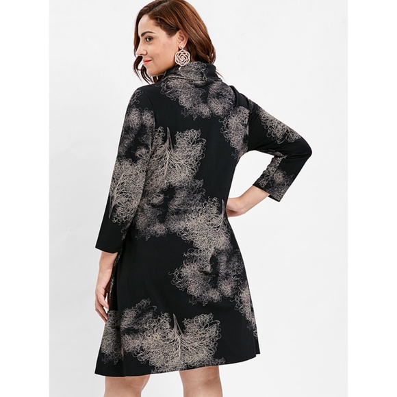 Plus Size Cowl Neck Printed Black Midi Dress - Picture 4 of 8